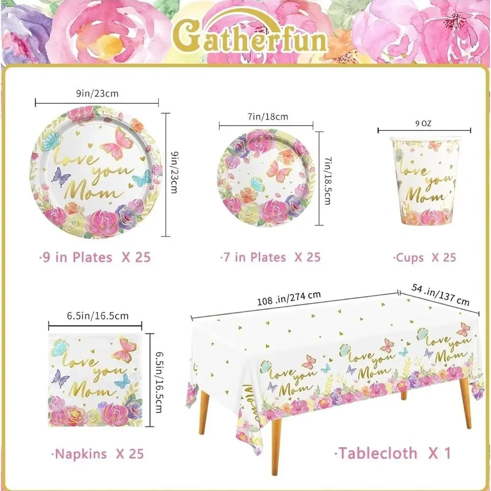Mothers Day Party Decor Serve 25 Love You Mom Table Cloth Plates Napkin Cups s13